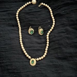 Pearl and emerald costume jewelry set